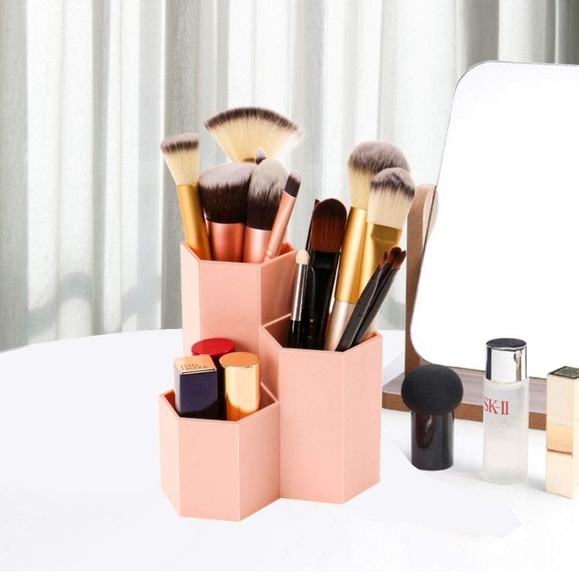 Weiai Makeup Brush Holder Organizer, 3 Slots Peach Pink Cosmetic Brushes Storage - Picture 1 of 8